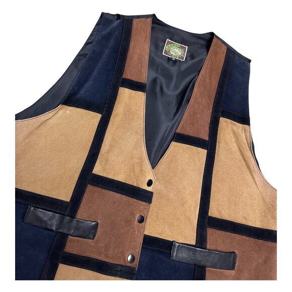VINTAGE LEARSI Genuine Leather 90s Suede Patchwork Brown Casual Vest Womens 2X - Picture 3 of 5
